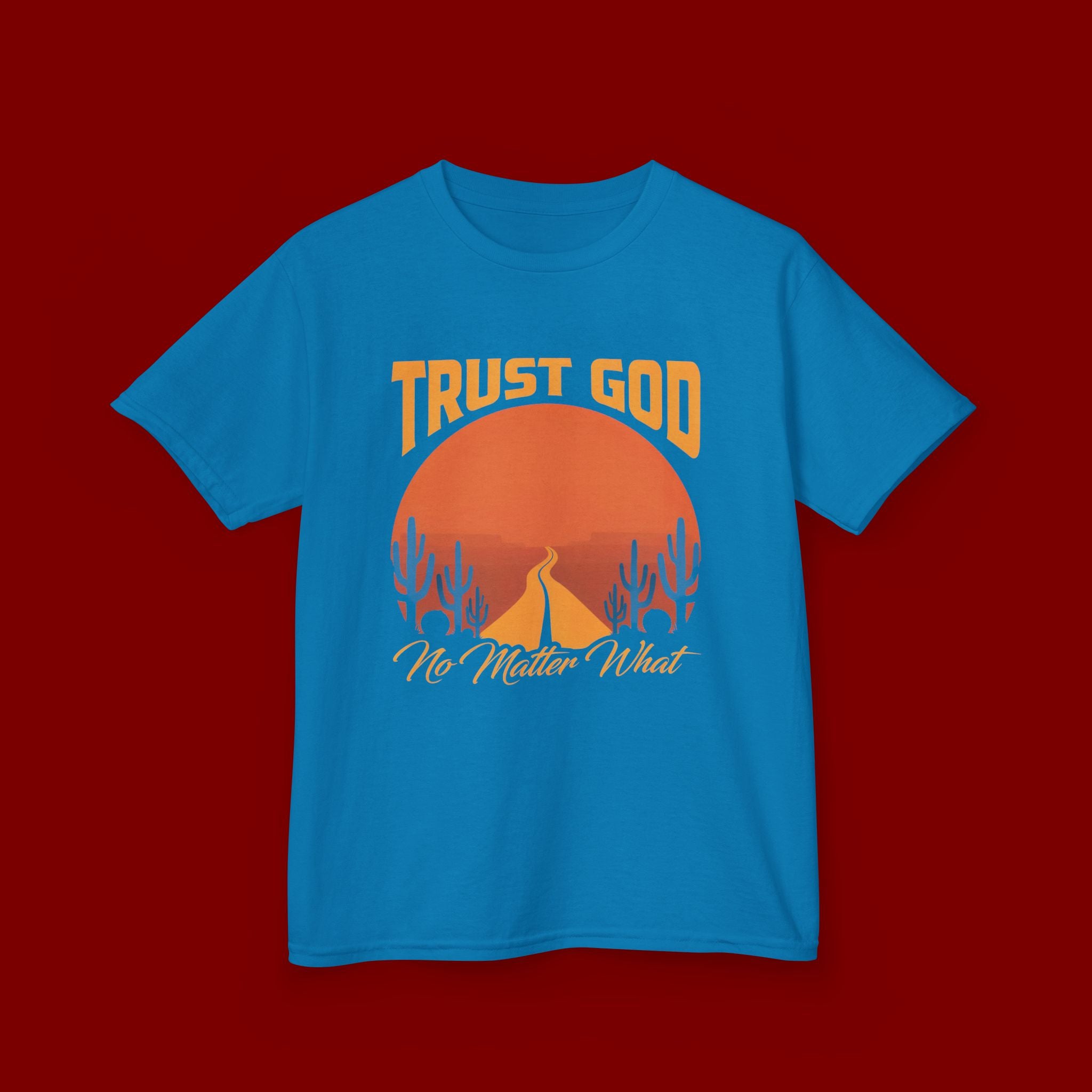Kids Tee — "Trust God No Matter What" Sunset Camping Graphic