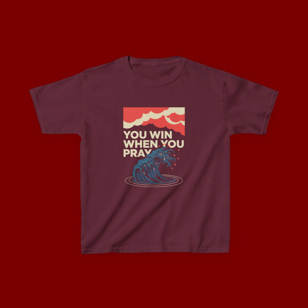 Kids Tee – “You Win When You Pray” Retro Wave Ocean Graphic