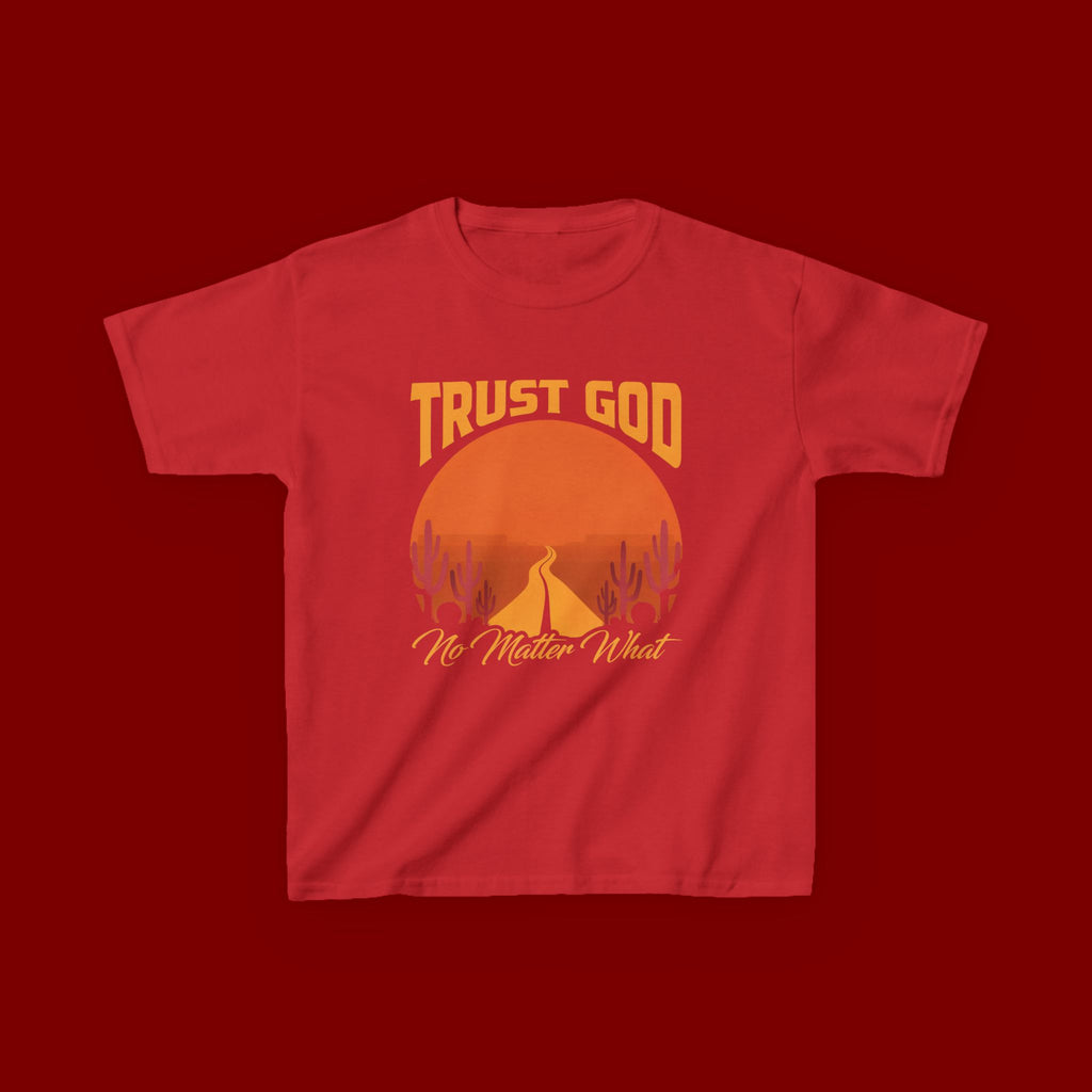 Kids Tee — "Trust God No Matter What" Sunset Camping Graphic