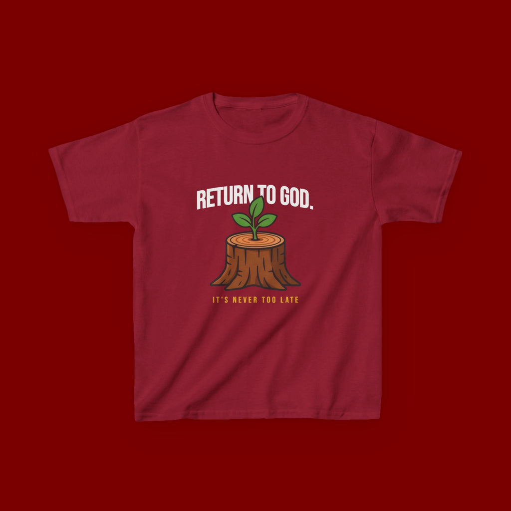 Return to God Kids T-Shirt – Tree Stump with Sprout, “It’s Never Too Late” Inspirational Youth Tee