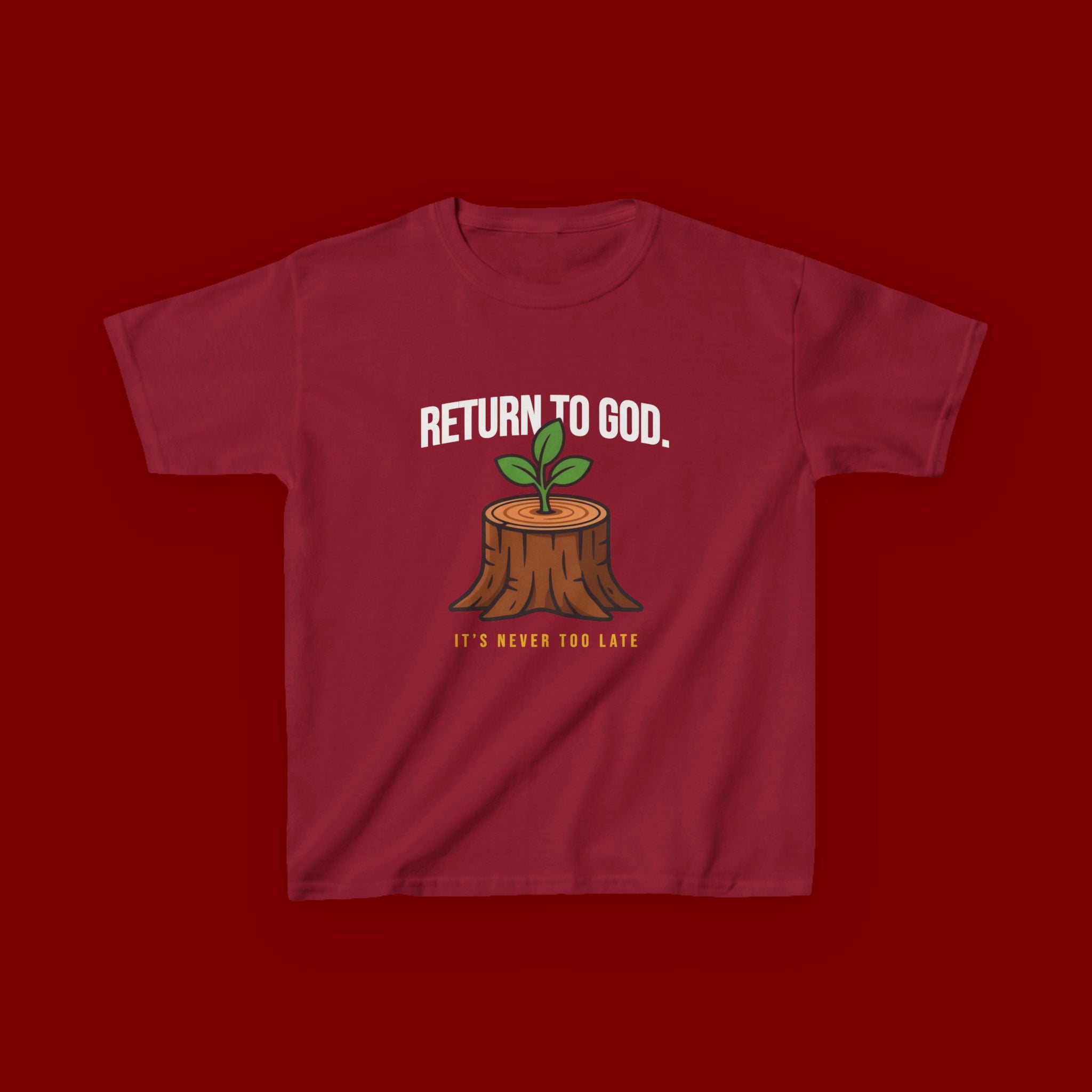 Return to God Kids T-Shirt – Tree Stump with Sprout, “It’s Never Too Late” Inspirational Youth Tee