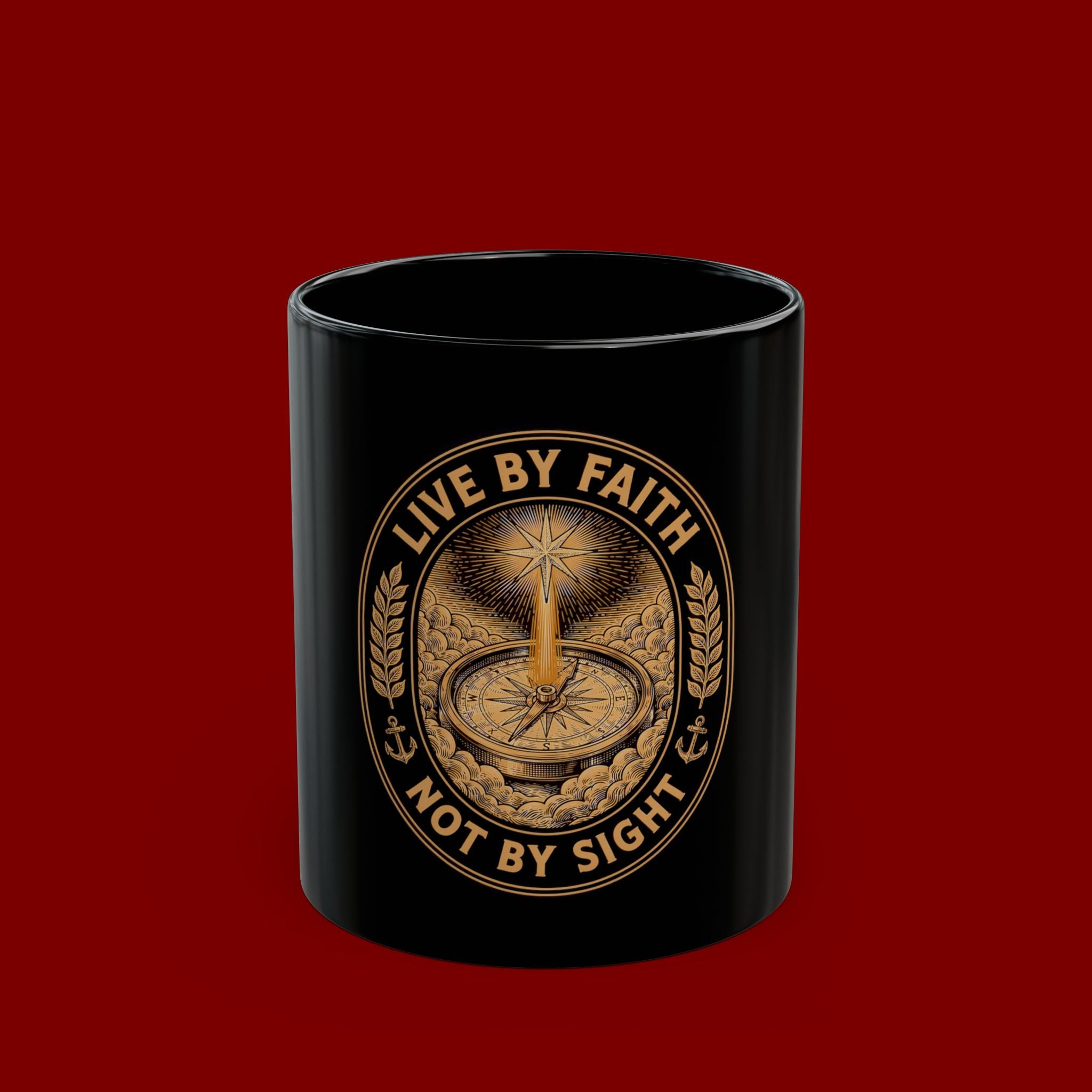 Live by Faith Black Mug — Inspirational Christian Coffee Cup ("Live by Faith Not by Sight")