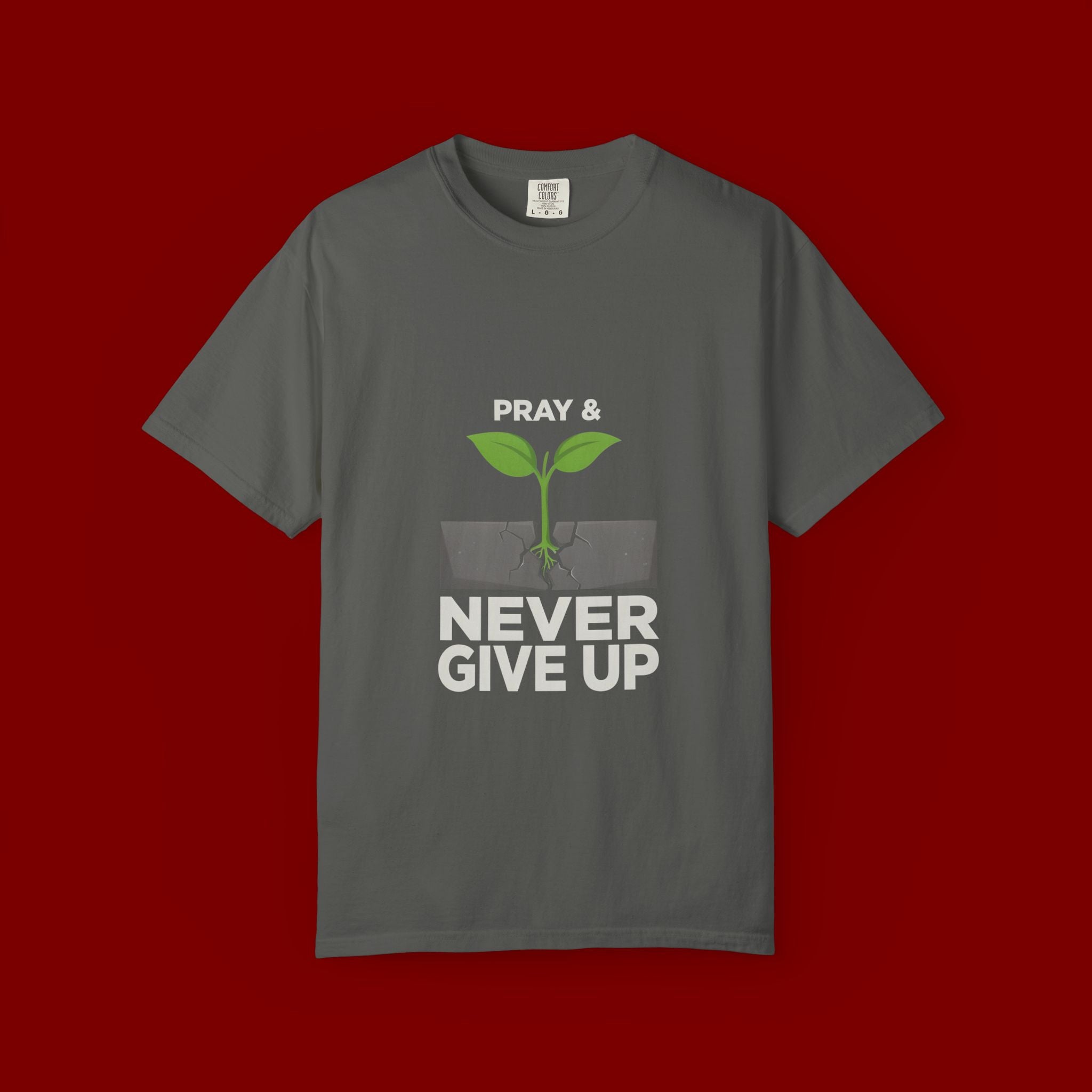 Pray & Never Give Up T-Shirt – Inspirational Faith Tee with Sprout Graphic