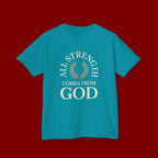 Kids T-Shirt – "All Strength Comes From God" Faith Tee for Boys & Girls
