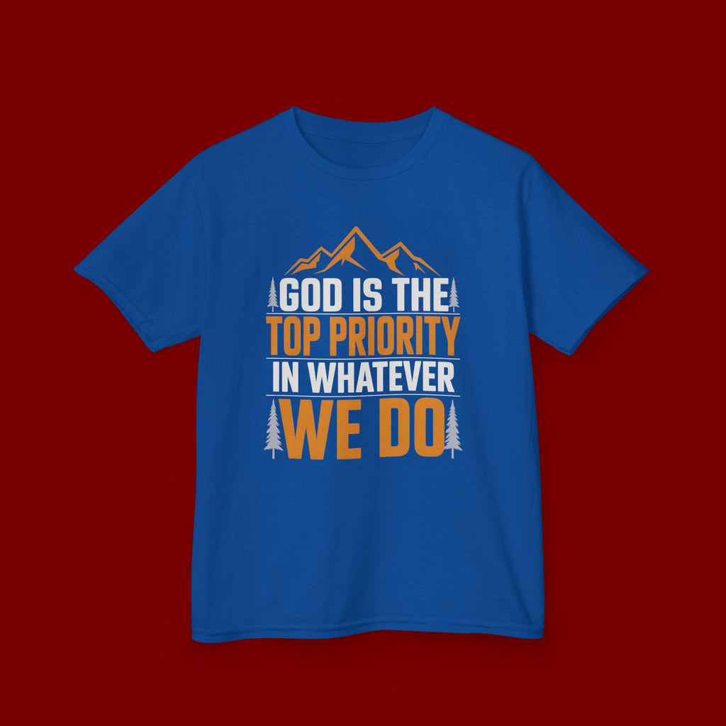 Kids Tee - "God Is the Top Priority in Whatever We Do" Faith Mountain Graphic