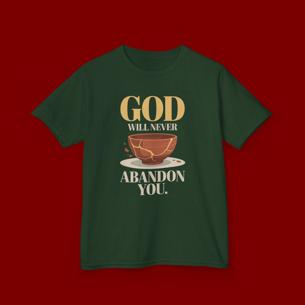 Kids Tee — "God Will Never Abandon You" Faith Graphic