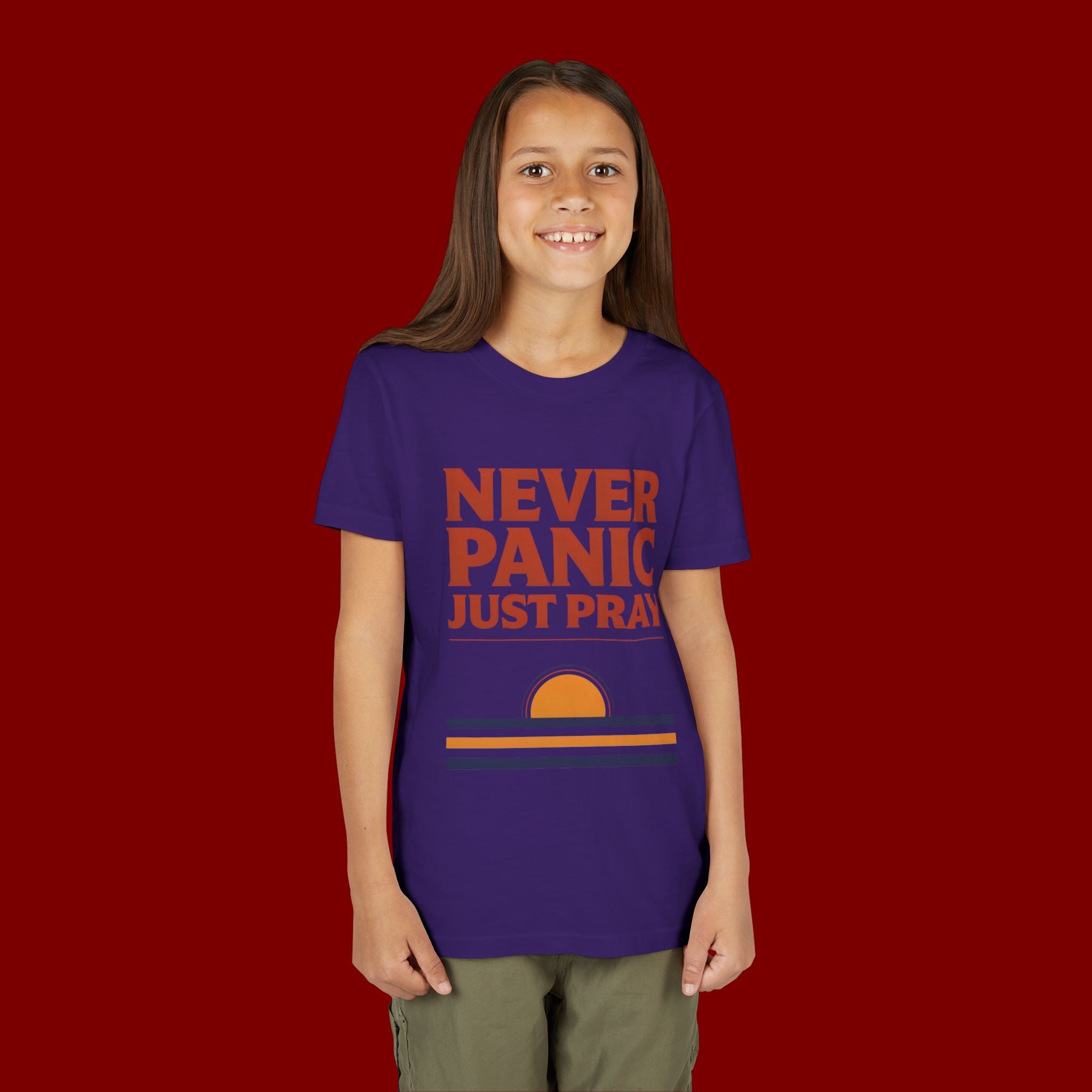 Youth Tee — "Never Panic Just Pray" Retro Sunset Kids T-Shirt