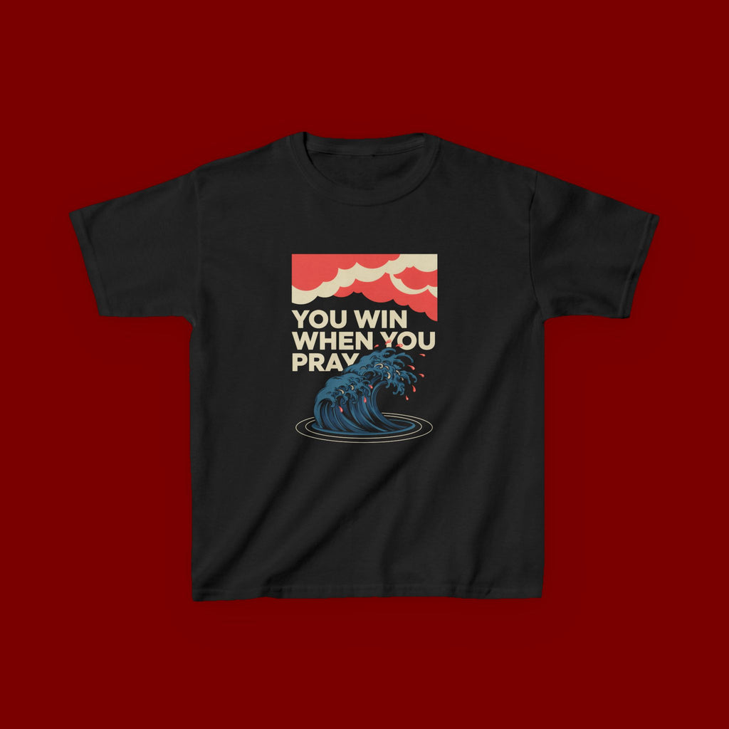 Kids Tee – “You Win When You Pray” Retro Wave Ocean Graphic