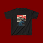 Kids Tee – “You Win When You Pray” Retro Wave Ocean Graphic