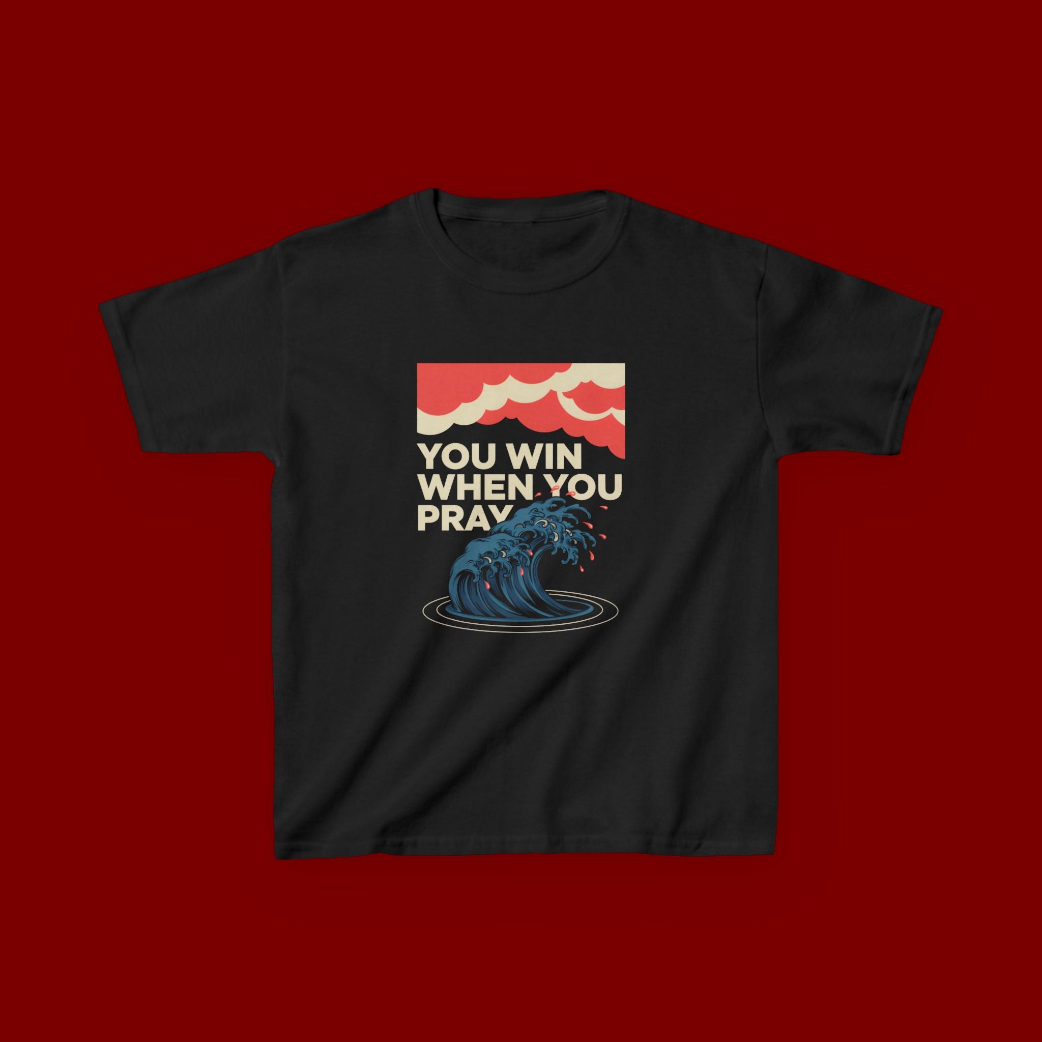 Kids Tee – “You Win When You Pray” Retro Wave Ocean Graphic