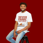 Never Panic Just Pray T‑Shirt — Retro Sunset Faith Tee