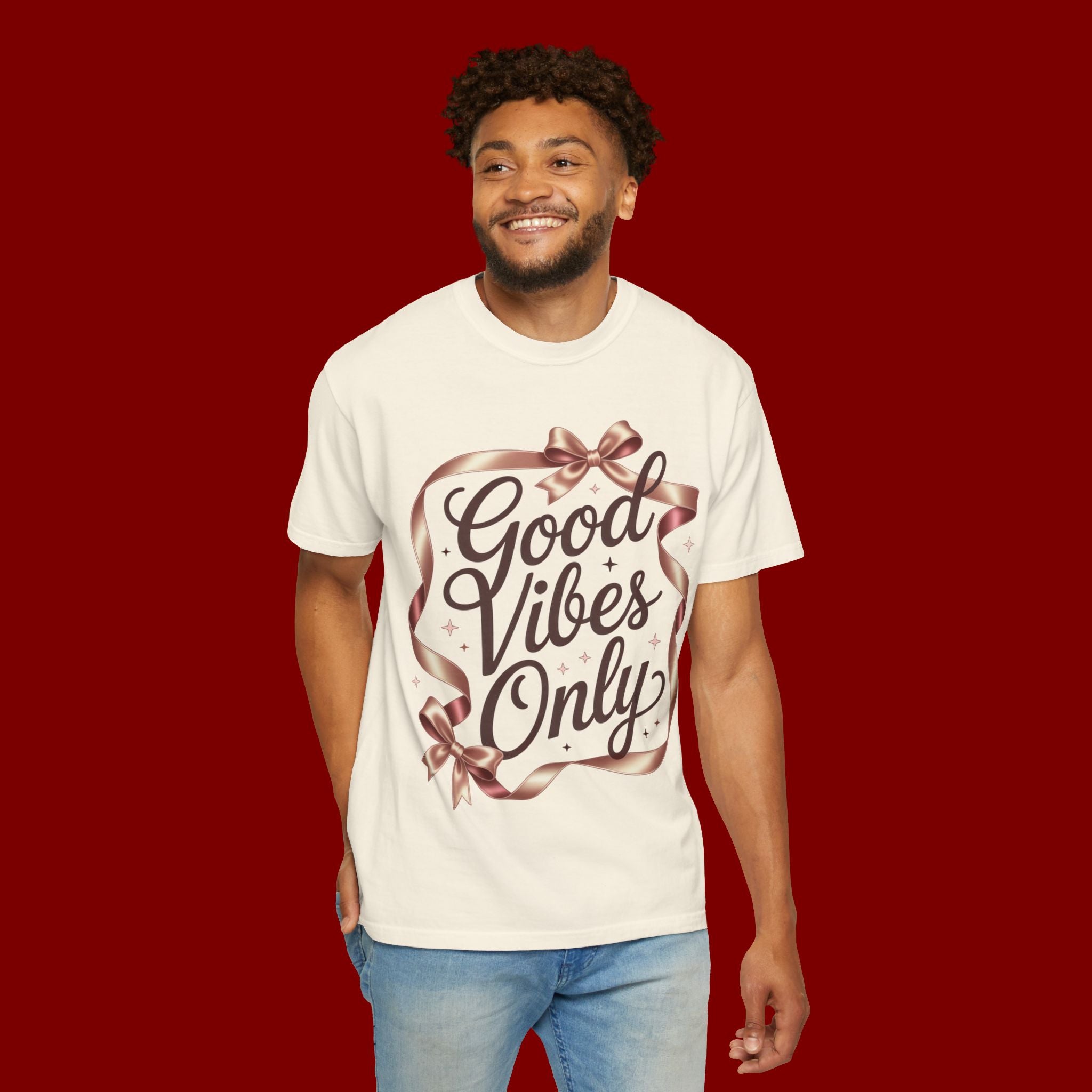 Good Vibes Only T-Shirt — Positive Message Graphic Tee with Ribbon Design