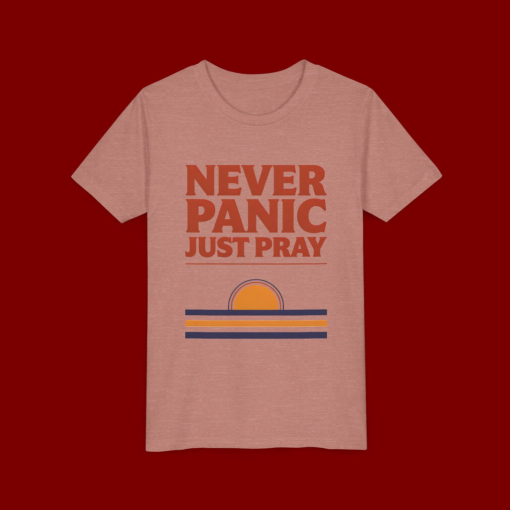 Youth Tee — "Never Panic Just Pray" Retro Sunset Kids T-Shirt