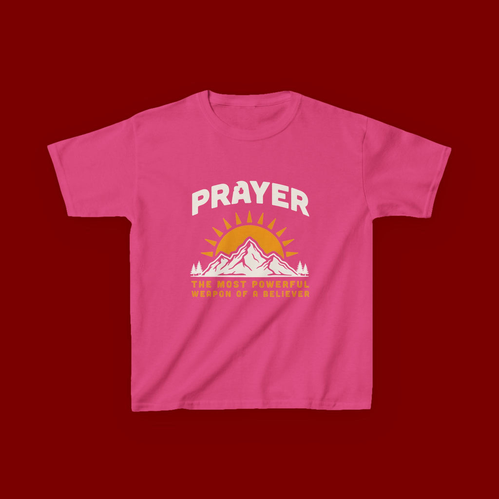 Kids Tee — "Prayer: The Most Powerful Weapon of a Believer" Mountain Sun Graphic