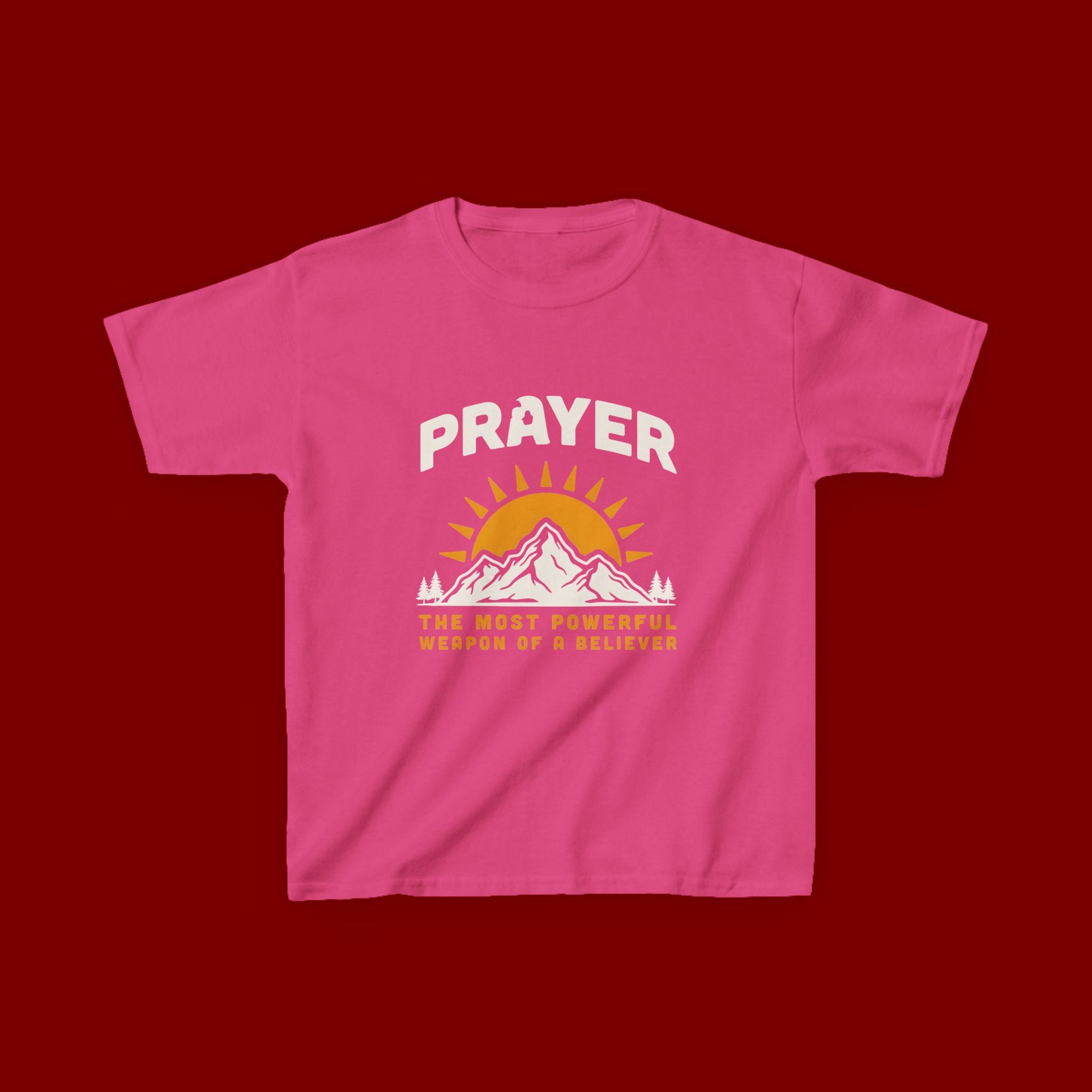 Kids Tee — "Prayer: The Most Powerful Weapon of a Believer" Mountain Sun Graphic