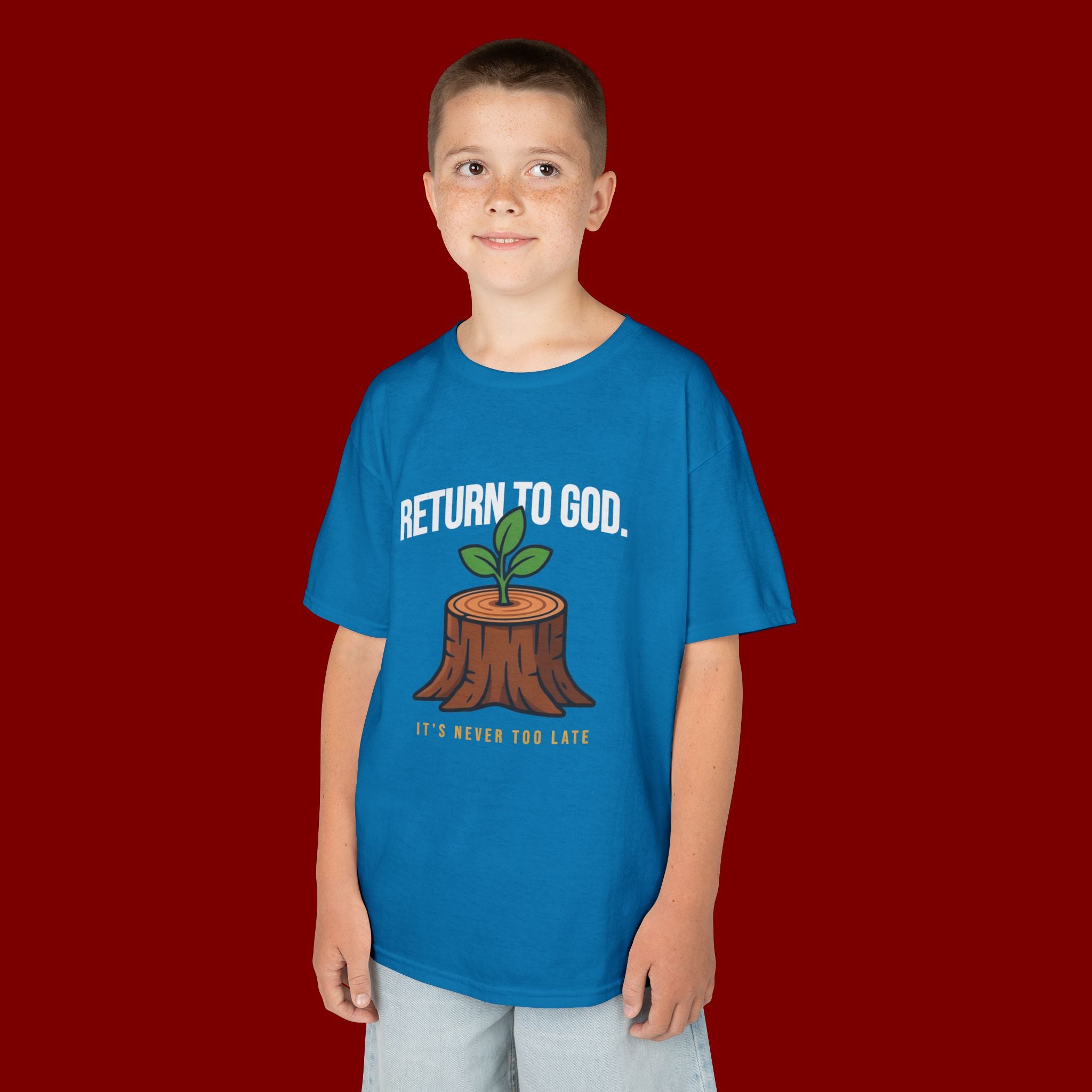 Return to God Kids T-Shirt – Tree Stump with Sprout, “It’s Never Too Late” Inspirational Youth Tee