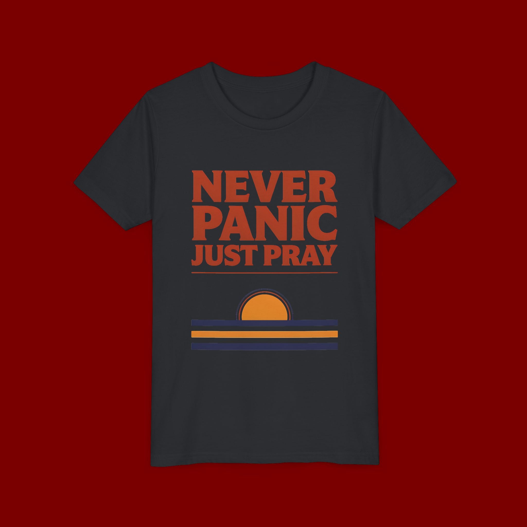 Youth Tee — "Never Panic Just Pray" Retro Sunset Kids T-Shirt