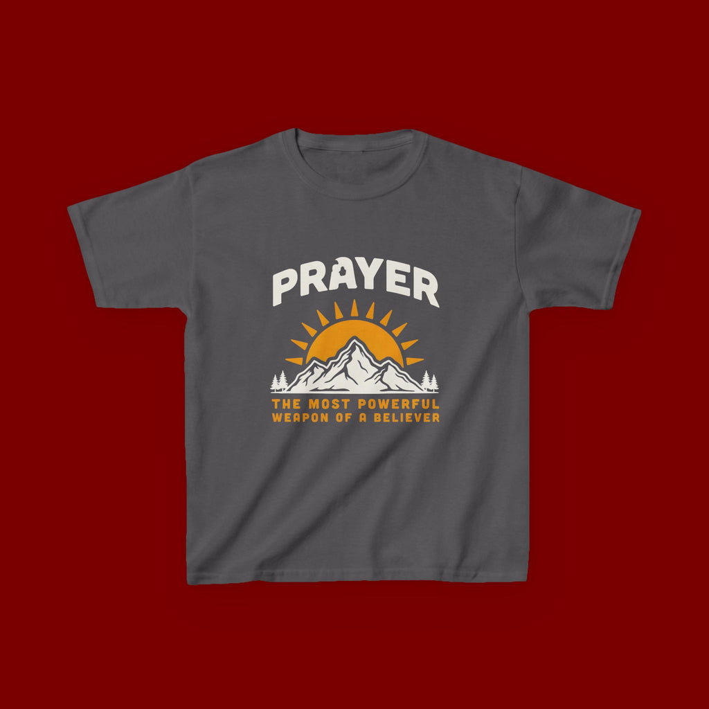 Kids Tee — "Prayer: The Most Powerful Weapon of a Believer" Mountain Sun Graphic