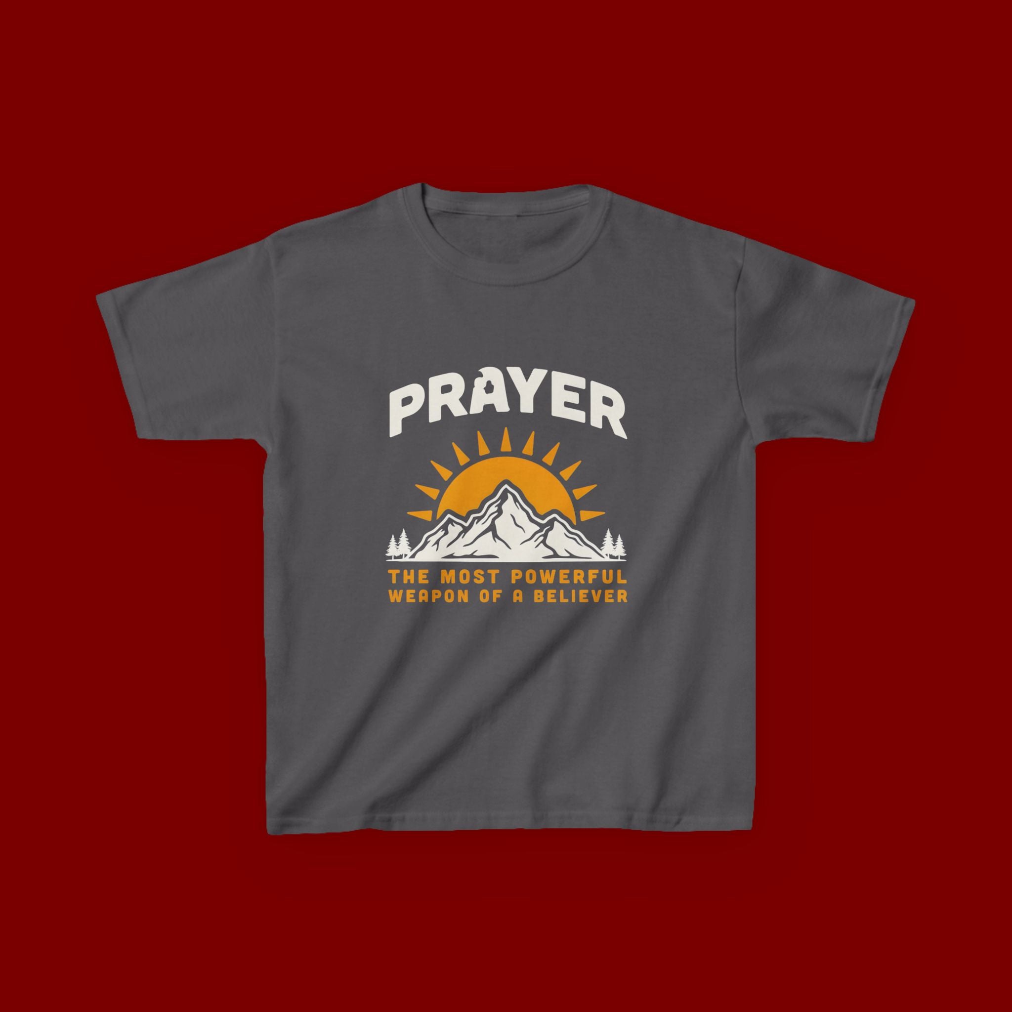 Kids Tee — "Prayer: The Most Powerful Weapon of a Believer" Mountain Sun Graphic