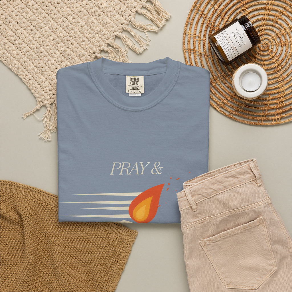 Pray & Never Give Up T‑Shirt — Inspirational Candle Faith Tee