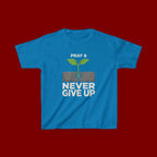 Kids Tee – "Pray & Never Give Up" Inspirational Plant Graphic