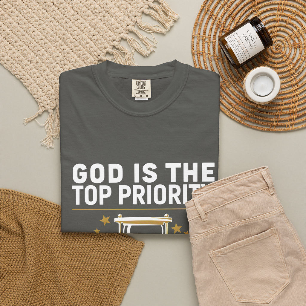 God Is The Top Priority T-Shirt — Faith Christian Inspirational Tee with Hourglass Design