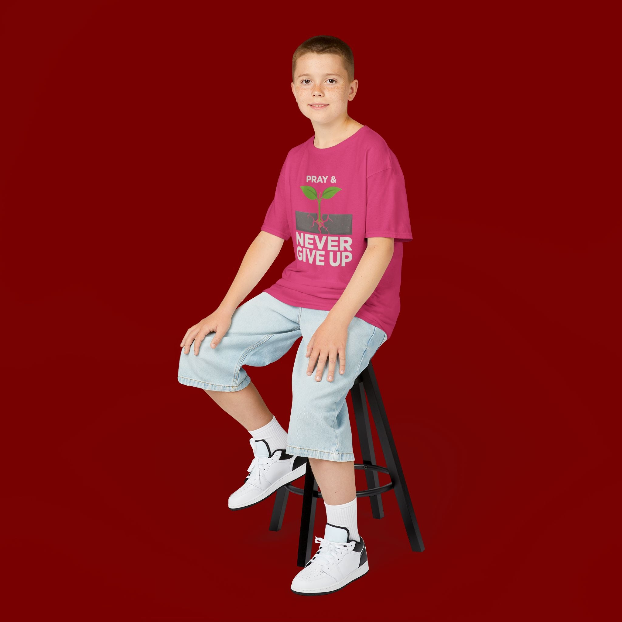 Kids Tee – "Pray & Never Give Up" Inspirational Plant Graphic