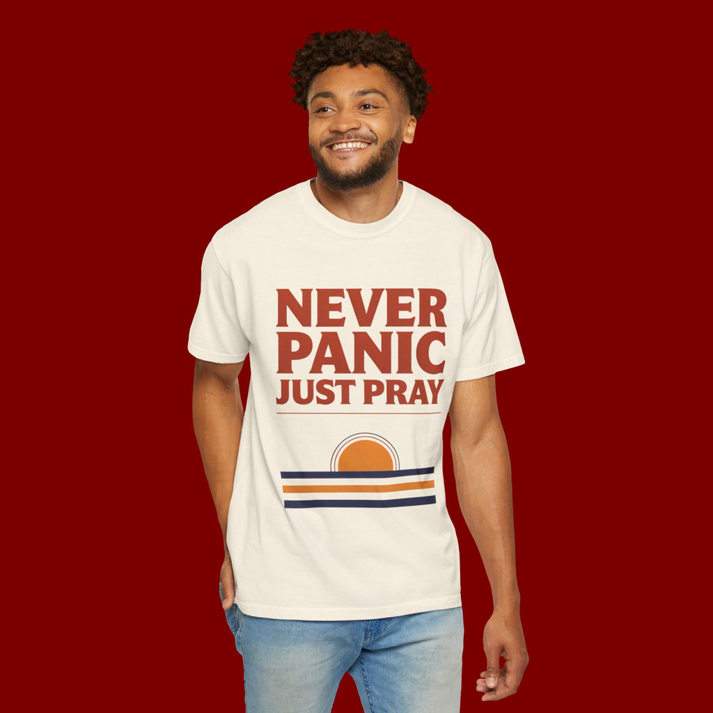 Never Panic Just Pray T‑Shirt — Retro Sunset Faith Tee