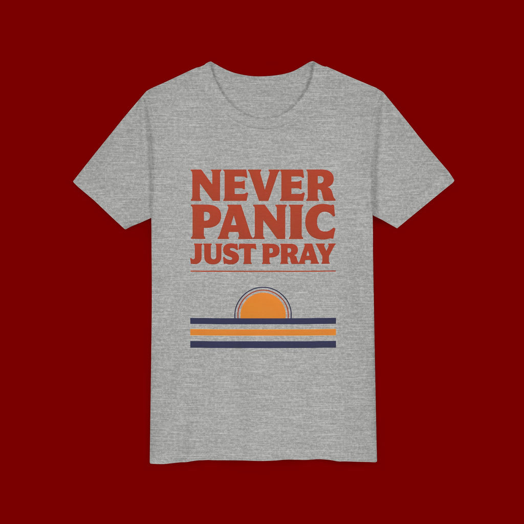 Youth Tee — "Never Panic Just Pray" Retro Sunset Kids T-Shirt