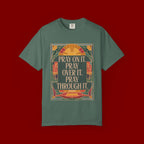 T-Shirt — Retro Sunset Floral Graphic “Play On It, Pray Over It, Pray Through It”