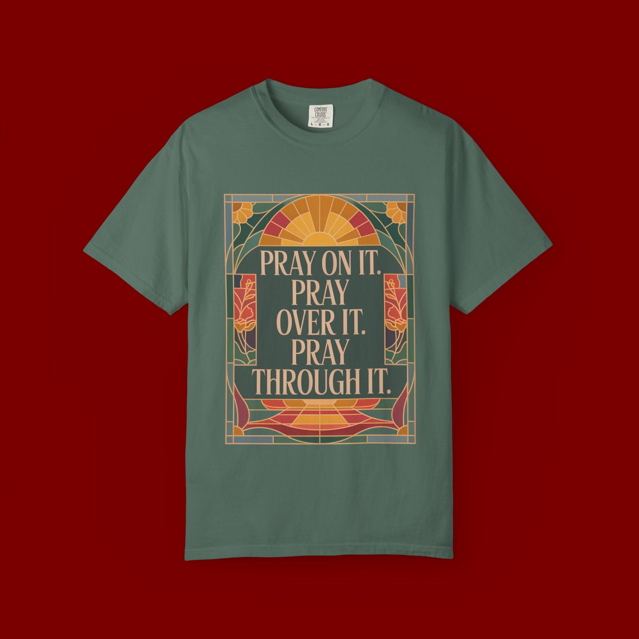 T-Shirt — Retro Sunset Floral Graphic “Play On It, Pray Over It, Pray Through It”