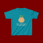 Kids Tee — "When GOD steps in, Miracles happen." Inspirational Christian T‑Shirt with Sprout Pot Design