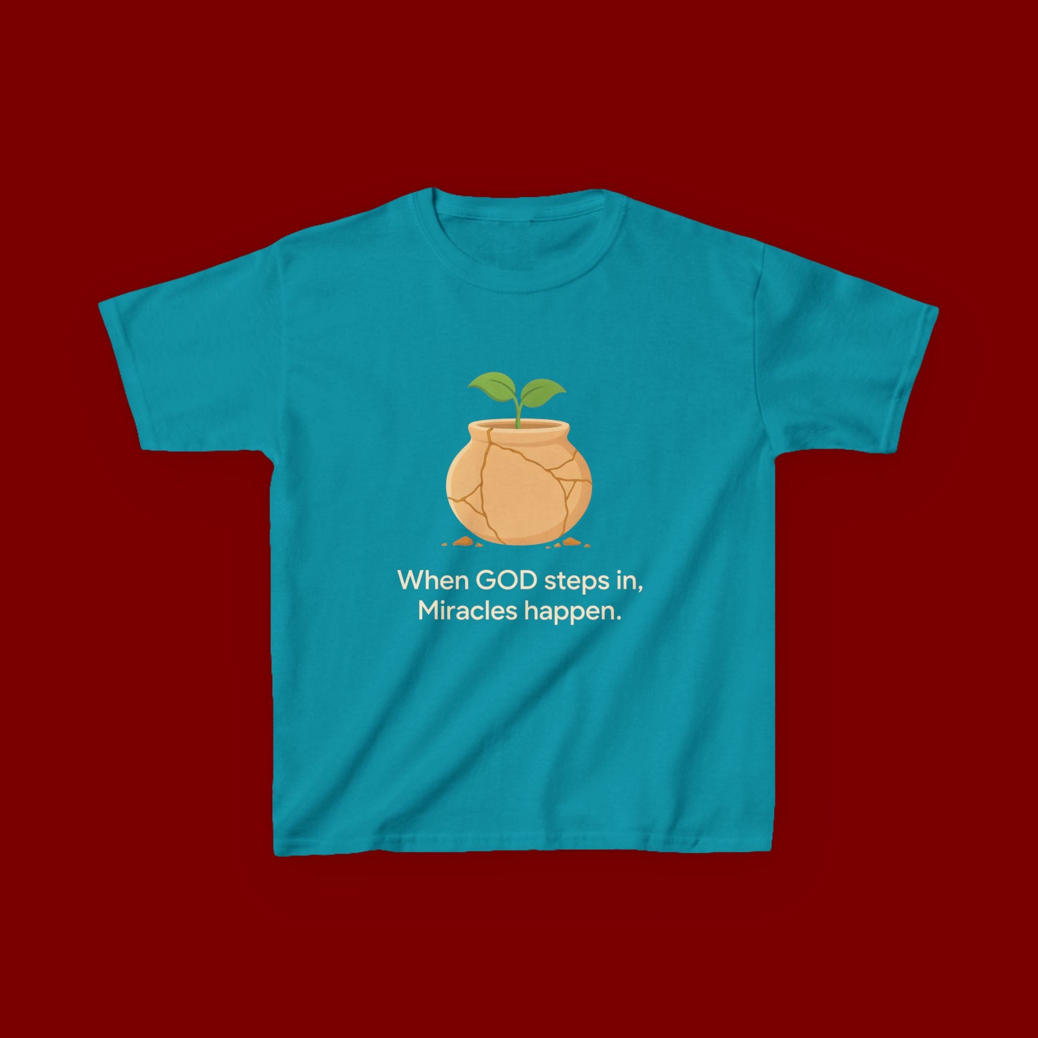 Kids Tee — "When GOD steps in, Miracles happen." Inspirational Christian T‑Shirt with Sprout Pot Design