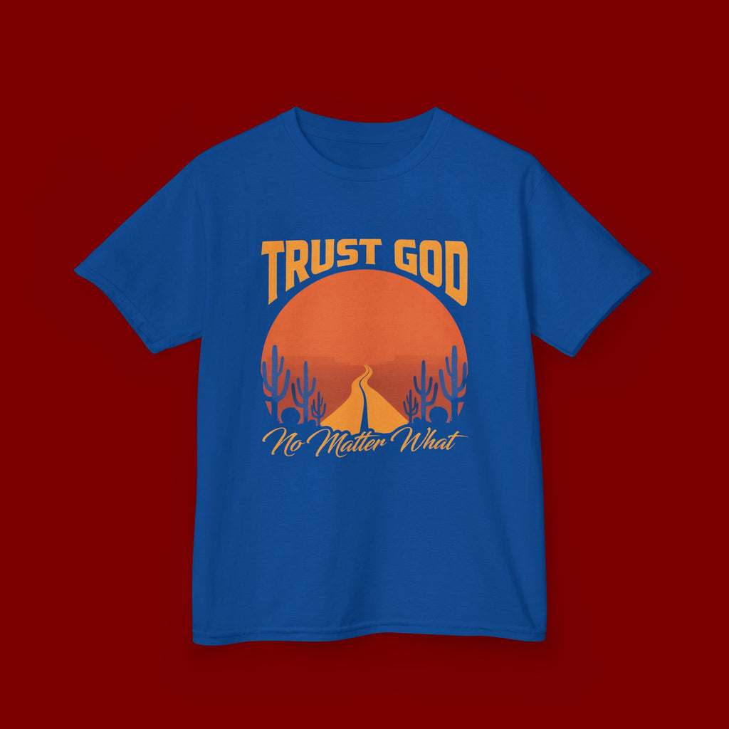 Kids Tee — "Trust God No Matter What" Sunset Camping Graphic