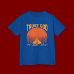 Kids Tee — "Trust God No Matter What" Sunset Camping Graphic