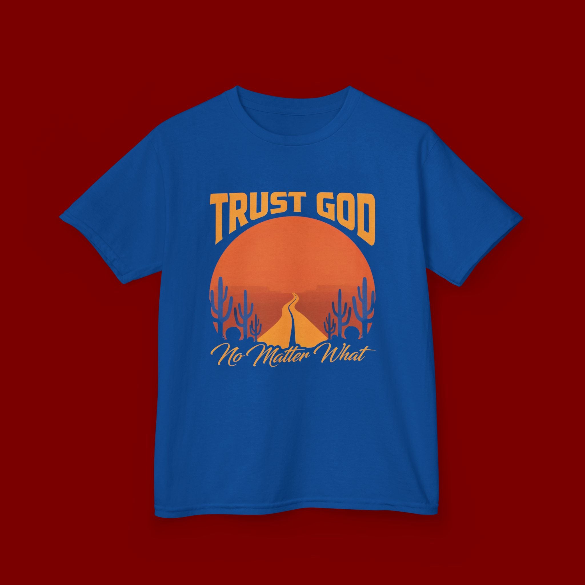 Kids Tee — "Trust God No Matter What" Sunset Camping Graphic