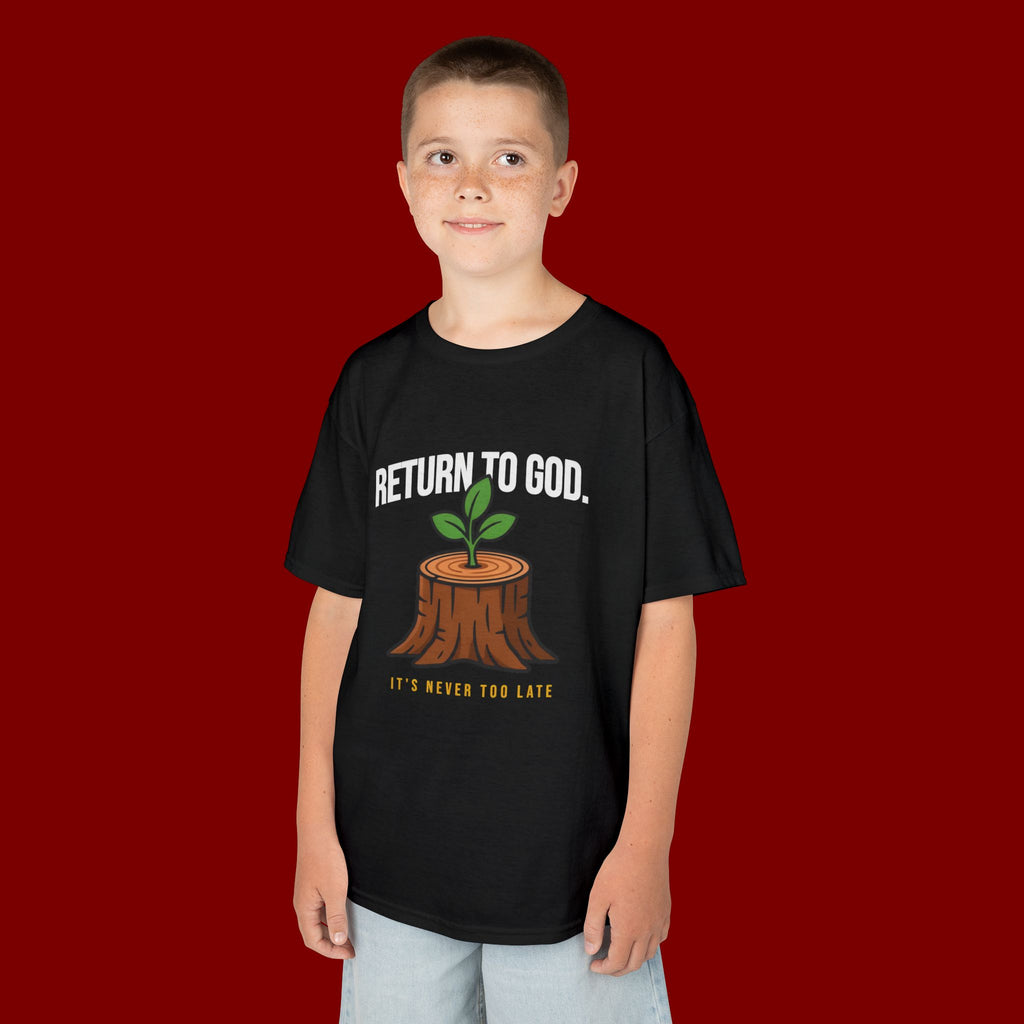 Return to God Kids T-Shirt – Tree Stump with Sprout, “It’s Never Too Late” Inspirational Youth Tee