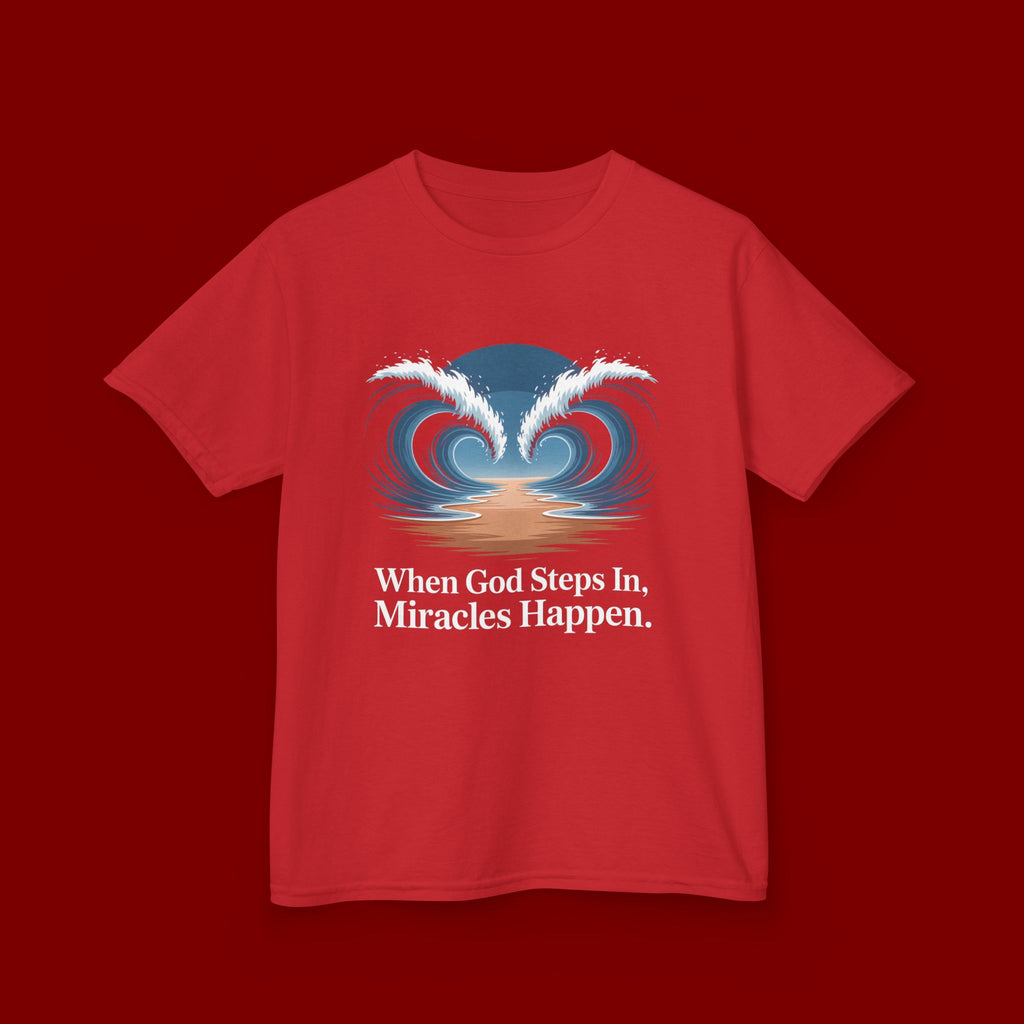 Kids Tee — “When God Steps In, Miracles Happen” Wave Heart Faith Shirt