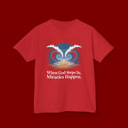Kids Tee — “When God Steps In, Miracles Happen” Wave Heart Faith Shirt