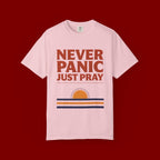 Never Panic Just Pray T‑Shirt — Retro Sunset Faith Tee