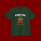 Return to God Kids T-Shirt – Tree Stump with Sprout, “It’s Never Too Late” Inspirational Youth Tee