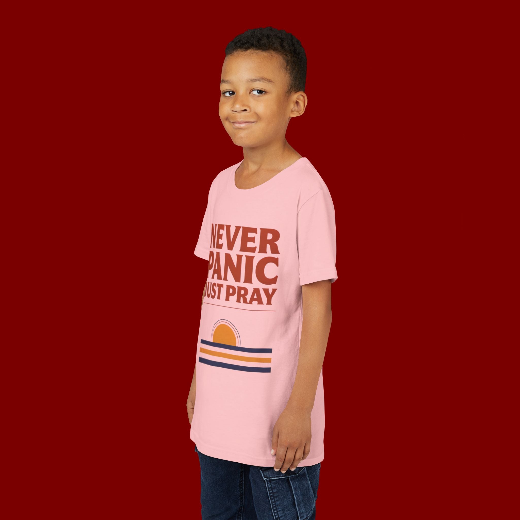 Youth Tee — "Never Panic Just Pray" Retro Sunset Kids T-Shirt