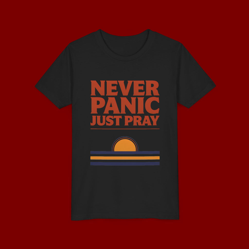 Youth Tee — "Never Panic Just Pray" Retro Sunset Kids T-Shirt