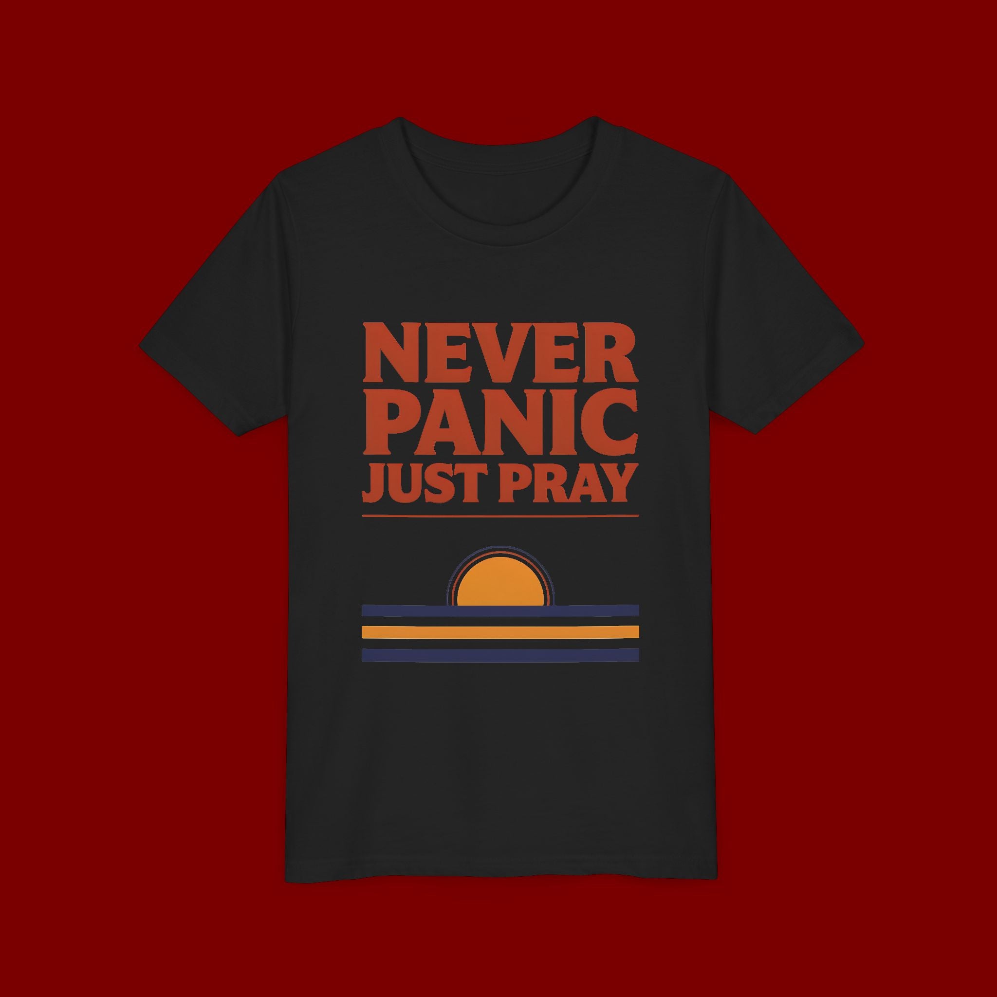 Youth Tee — "Never Panic Just Pray" Retro Sunset Kids T-Shirt