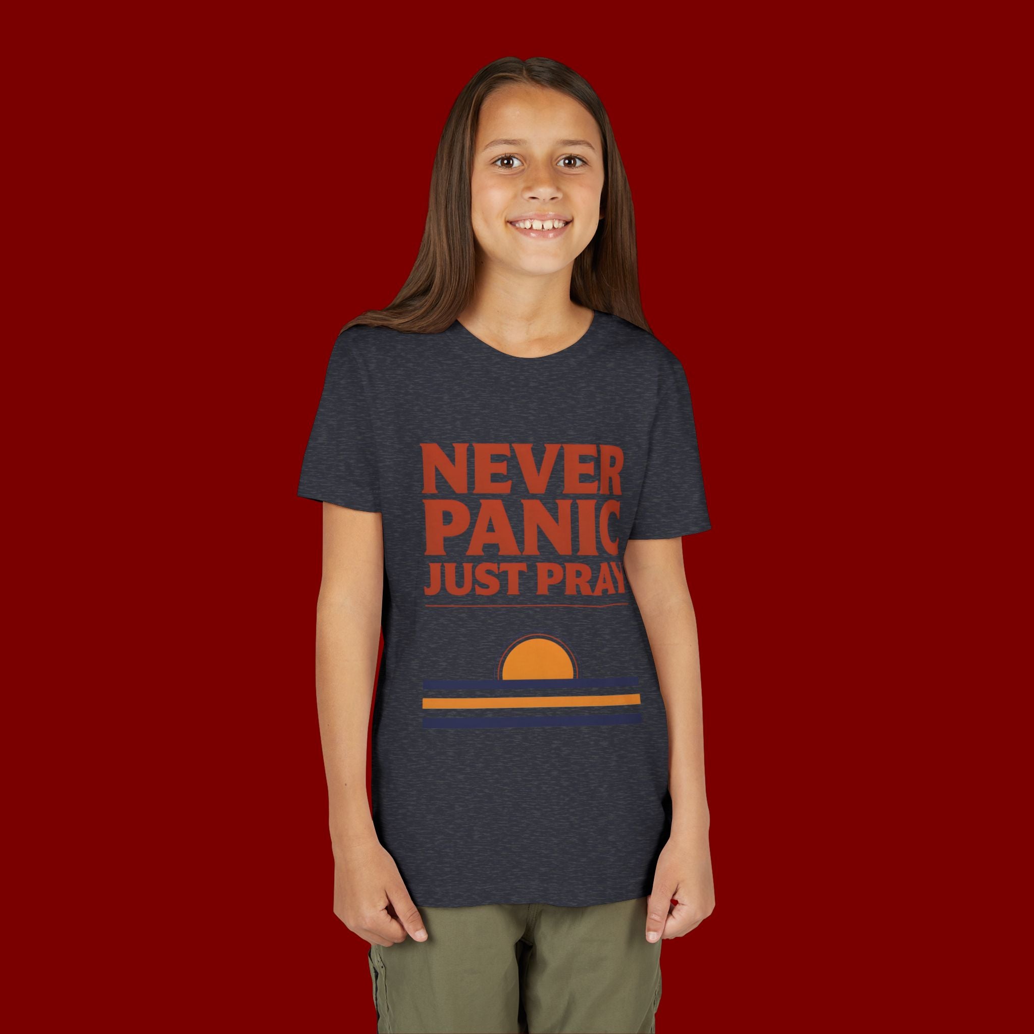 Youth Tee — "Never Panic Just Pray" Retro Sunset Kids T-Shirt