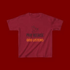 Kids T-Shirt — "Pray Because God Listens" Christian Faith Tee with Dove Graphic