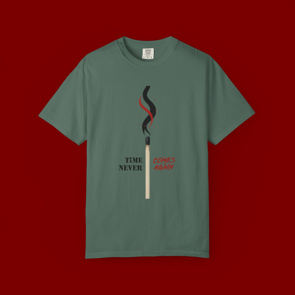 Matchstick Graphic Tee — "Time Never" Minimalist Smoky Design