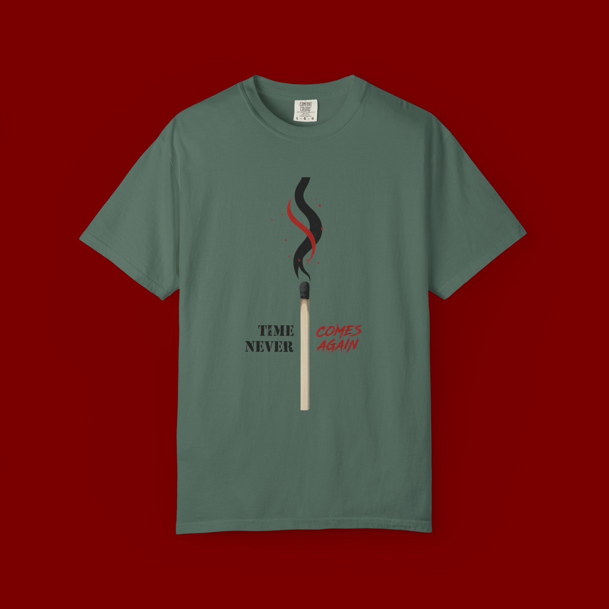 Matchstick Graphic Tee — "Time Never" Minimalist Smoky Design