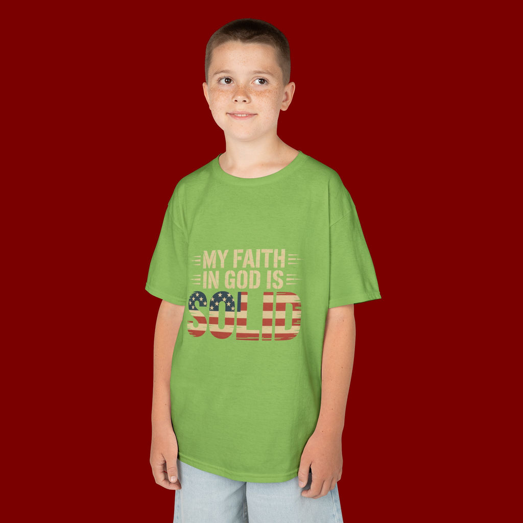 Kids Tee — "My Faith in God is Solid" Patriotic Christian T-Shirt