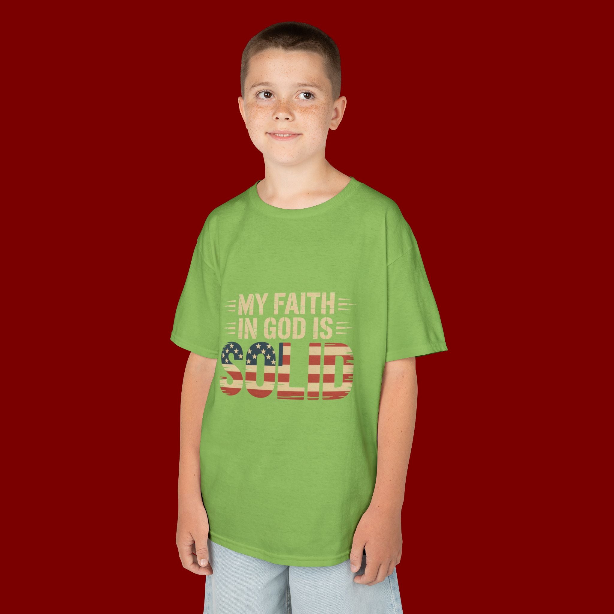 Kids Tee — "My Faith in God is Solid" Patriotic Christian T-Shirt